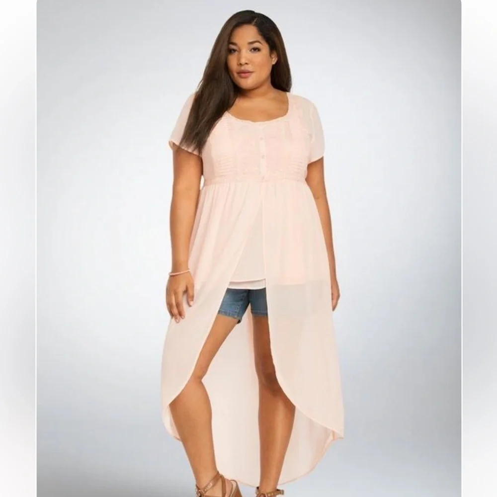 Torrid sheer top embroidered with rushing hi low waterfall feminine blouse